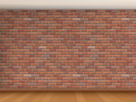 Interior of the room with red brick wall, white ceiling and wooden parquet. Vector architectural background.のイラスト素材