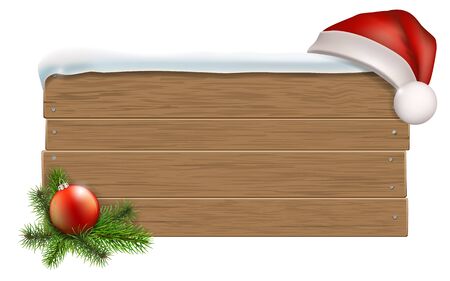 Wooden sign with Santa's hat Christmas-tree ball and fir branches. Vector detailed illustration isolated. Background for advertisement or greeting card.のイラスト素材
