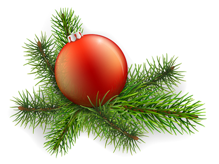 Christmas ball lies on the spruce branches. In the ball a reflection of trees. Vector illustration isolated on white background. Detailed element to decorate Christmas cards.のイラスト素材