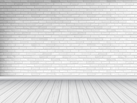 White brick wall and wooden floor, architectural background. Vector illustration of interior.のイラスト素材