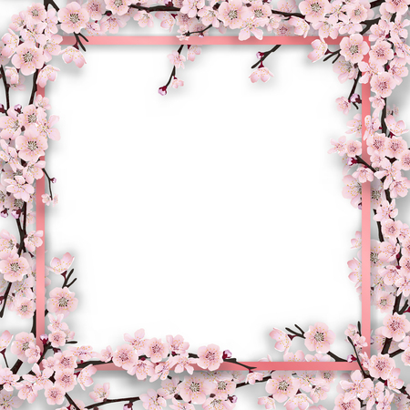 Pink frame overgrown sakura tree branches with blossom flowers. Vector template for greeting card, seasonal invitation and sale.のイラスト素材