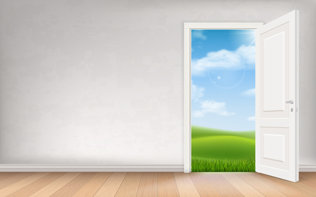 Landscape view through open door in stucco wall. Vector concept interior illustration.のイラスト素材