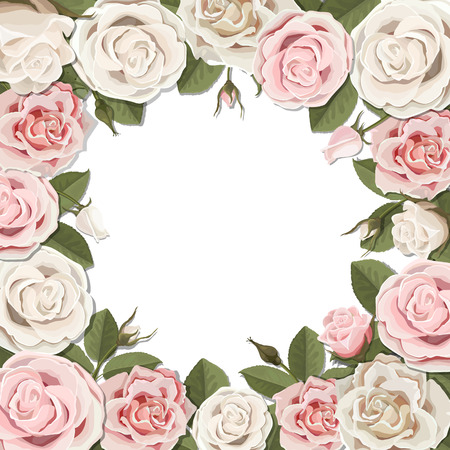 Square frame of white and pink blossom rose flowers. Vector template for greeting card, wedding or Valentines day.のイラスト素材