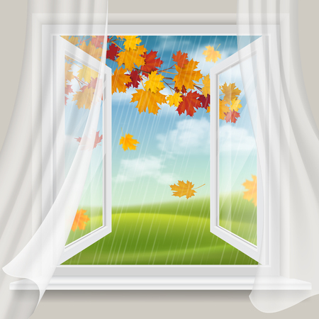 View of autumn landscape with falling leaves through an open window.のイラスト素材
