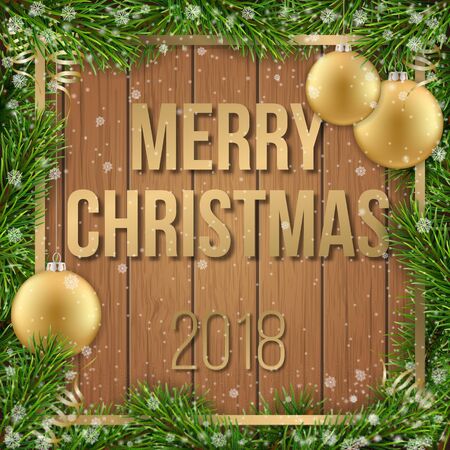 Christmas greeting card with fir tree frame, christmas ball and text on wooden background.のイラスト素材