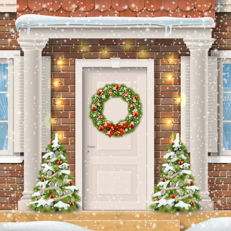 Entrance to the suburban house decorated with a Christmas wreath on the door with a garland and spruce. Vector detailed realistic illustration.のイラスト素材