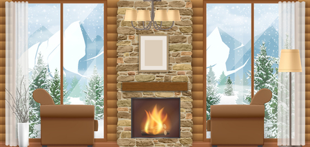 Luxury home interior with a fireplace and mountain view through the window. Vector illustration of a winter vacation.のイラスト素材