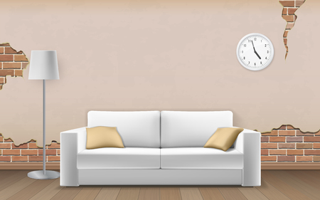 White sofa on old wall background. Shabby cracked plaster. Interior fragment of the room. Realistic vector illustration.のイラスト素材