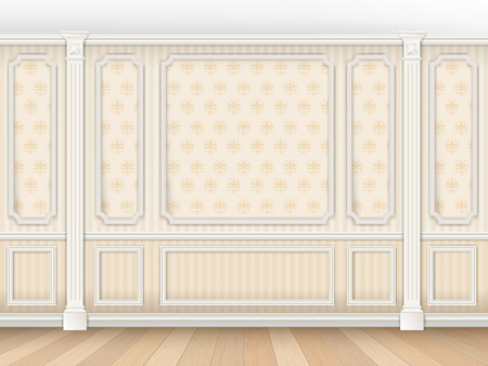 Luxurious classic interior in classical style with moldings and pilasters. Wallpaper on the walls in the damask pattern. Interior background. Vector realistic illustration.のイラスト素材