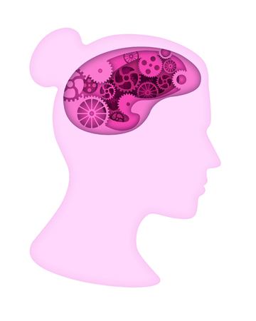 Pink woman head silhouette with gears in brain. Paper cut art style vector illustration.のイラスト素材