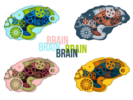Set of man brain with gears inside. Paper cut art style vector illustration.のイラスト素材