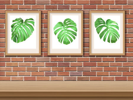 Framed picture with monstera leaf on brick wall background.のイラスト素材