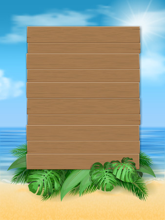 Wooden sign with tropical leaves on sea beach background. Vector illustration of a summer vacation with a whiteboard for advertising.のイラスト素材