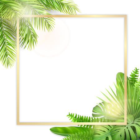 Square golden frame with tropical leaves. Tropical label or invitation card with space for text. Realistic vector exotic plants.のイラスト素材