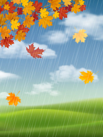 Autumn landscape with a branch of maple and falling leaves. Rainy weather. Vector realistic background.のイラスト素材