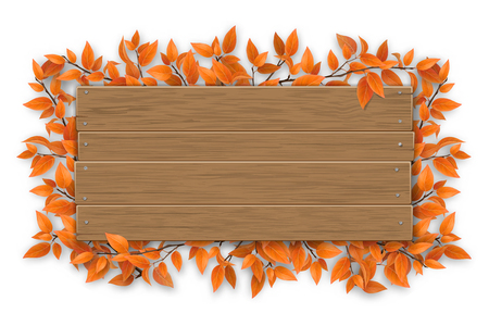 Empty wooden sign with space for text on a background of tree branches with aunumn red leaves. The template for a banner or an advertisement for a seasonal discount.のイラスト素材