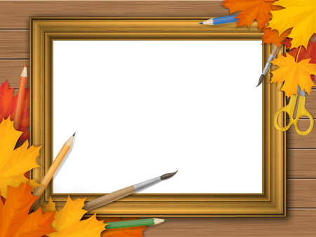 Golden vintage picture frame with autumn leaves and art supplies on wooden background. With place for text, pictures or advertisements. Fine art.のイラスト素材