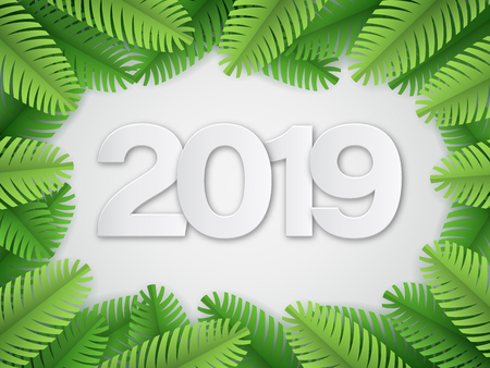 Christmas tree branches frame. Paper cut style. 2019 text. Template for Merry Christmas and Happy New Year greeting card.のイラスト素材