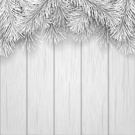 White artificial Christmas tree branches on wooden background. Template for christmas greeting card or winter sale banner.のイラスト素材