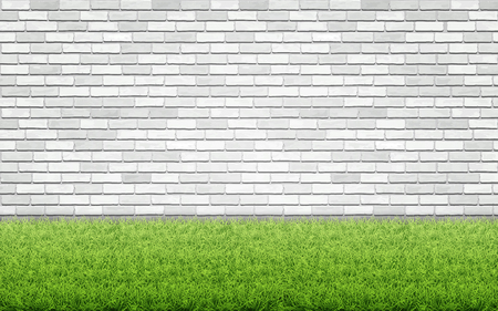 Green grass lawn on white brick wall background. Spring card blank. Backyard or front garden.のイラスト素材