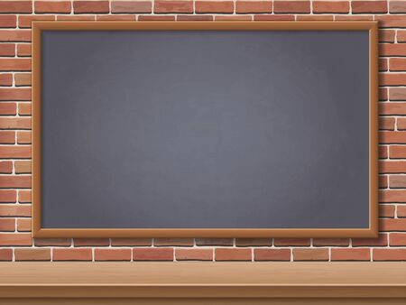 School blackboard and desk on brick wall background. Template background for postcards back to school.のイラスト素材