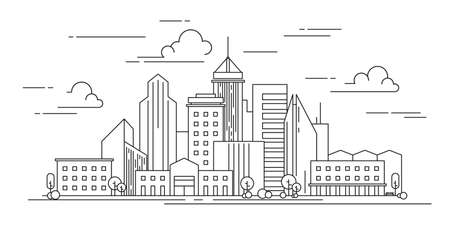 Cityscape in linear style. Urban city landscape with skyscrapers.のイラスト素材