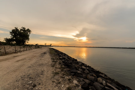 Panorama view with colourful sunset and twilight sky,, tropical island Bali, Indonesia.