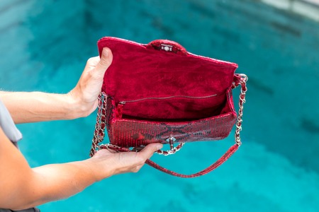 Girl holding opened luxury snakeskin python handbag on a swimming pool background. Tropical island Bali.の写真素材