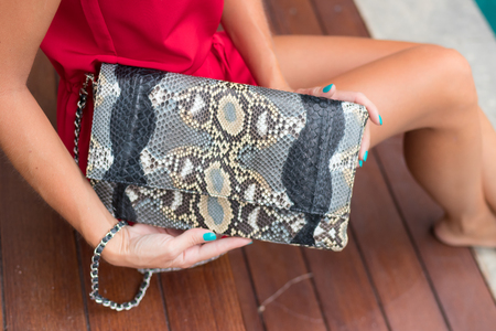 Fashionable woman in red dress holding leather snakeskin python bag. Elegant outfit. Close up of purse in hands of stylish lady. Model posing near the swimming pool.の写真素材