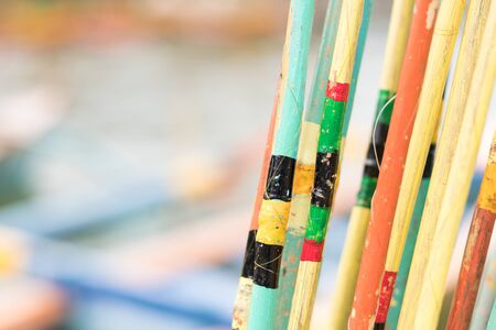 Colorful Fishing rods close-up. Colorful background. Tropical island Bali, Indonesia.の写真素材