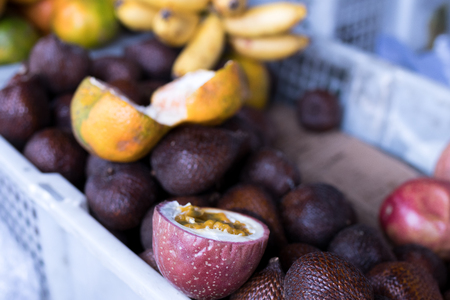 Passion fruits on a local tradition balinese organic market, Bali island.の写真素材