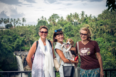 BALI, INDONESIA - MAY 3, 2017: Waterfall deep in the tropical rain forest of Ubud, tropical Bali island, Indonesia. Exotic scene of tropics.のeditorial素材