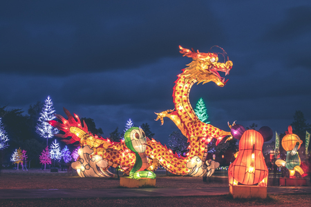 BALI, INDONESIA - JULY 8, 2017: Light festival on Bali island. Paper sculpture shining in the dark at a Asian lantern festival.のeditorial素材