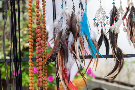 Variery of different woman accessories on a Bali handmade market. Bali, Indonesia.の写真素材