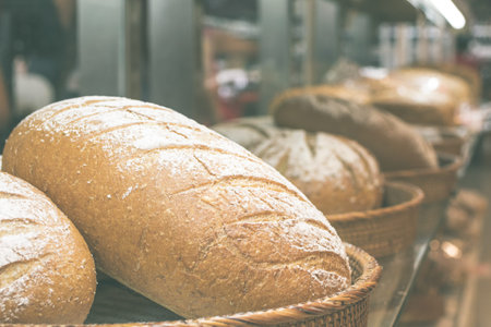 Fresh homemade bread placed on a wooden basket in the shopping mall italian bakery. Bali island,...