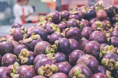 Fresh organic Mangosteen in the supermarket of a tropical Bali island, Indonesia.の写真素材