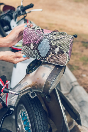 Closeup woman hands with fashion luxury snakeskin python handbag on a retro motorbike background. Outdoors, Bali island.の写真素材
