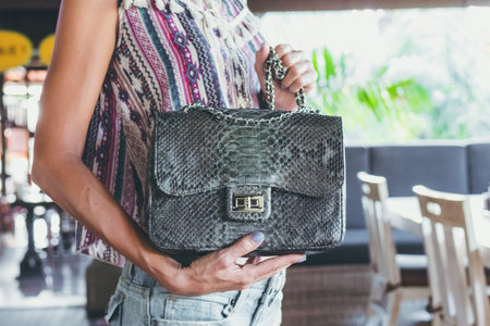 Closeup woman hands with fashion luxury snakeskin python handbag. Outdoors.