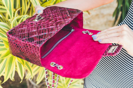 Closeup woman hands with fashion luxury snakeskin python handbag. Outdoors, Bali island.