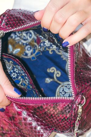 Closeup attractive beautiful woman with snakeskin python handbag posing outdoors.の写真素材