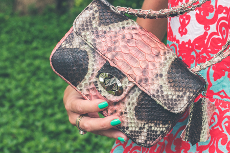 Woman hands with luxury handmade snakeskin leather handbag. Python snake fashionable handbag. Outdoors, Bali island.の写真素材