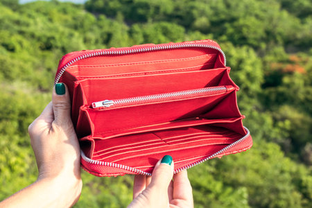 Woman hand holding luxury snakeskin python wallet on a tropical green background.の写真素材