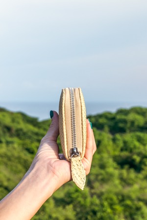 Woman hand holding luxury snakeskin python wallet on a tropical green background.の写真素材