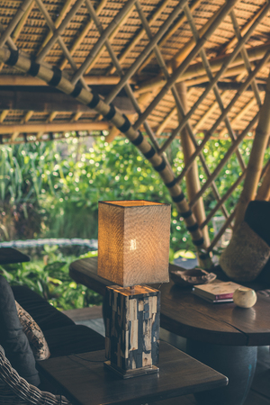 Tropical restaurant with sea view. Sunny day. Space for text. Bali island.の写真素材