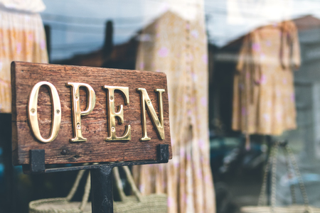 Open sign in the retail store. Bali island.の写真素材