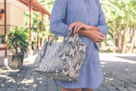Woman hand with luxury snakeskin handbag outdoors. Tropical fashion exotic concept.の写真素材