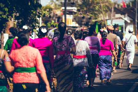 BALI, INDONESIA - APRIL 13, 2018: People on balinese wedding ceremony. Traditional wedding.のeditorial素材