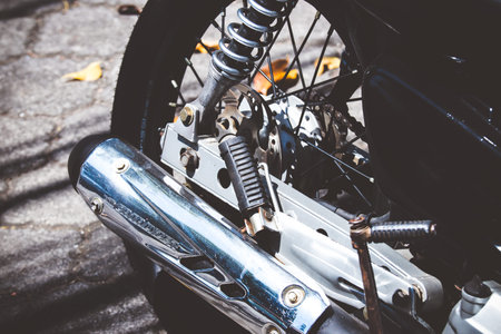 BALI, INDONESIA - APRIL 11, 2018: Scooter moped tire closeup. Motorbike wheel.