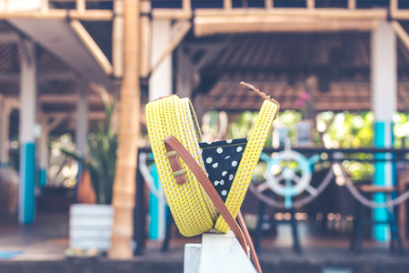 Handmade natural organic rattan handbag. Tropical island of Bali. Eco-bag concept. Ecobags from Bali.の写真素材