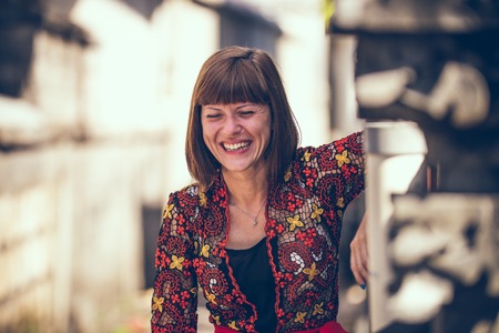 Portrait of European woman in traditional balinese wedding ceremony costume.の写真素材